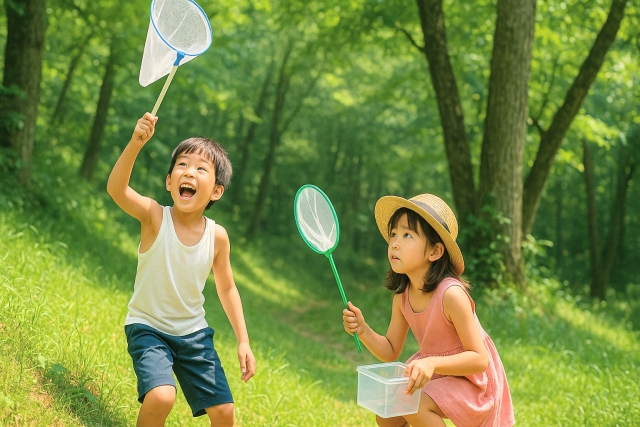 虫取りをする女の子と男の子