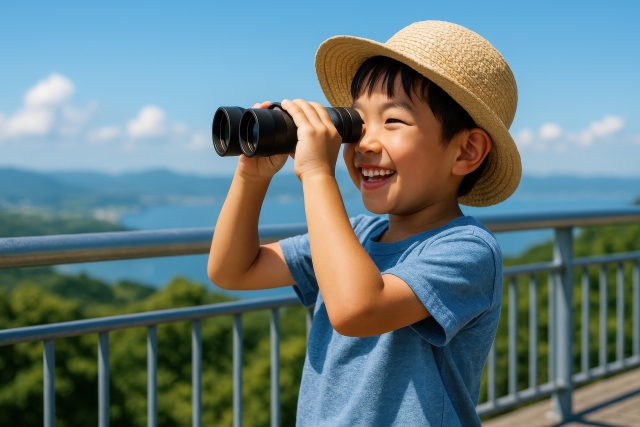 麦わら帽子で望遠鏡をのぞく、笑顔の男の子
