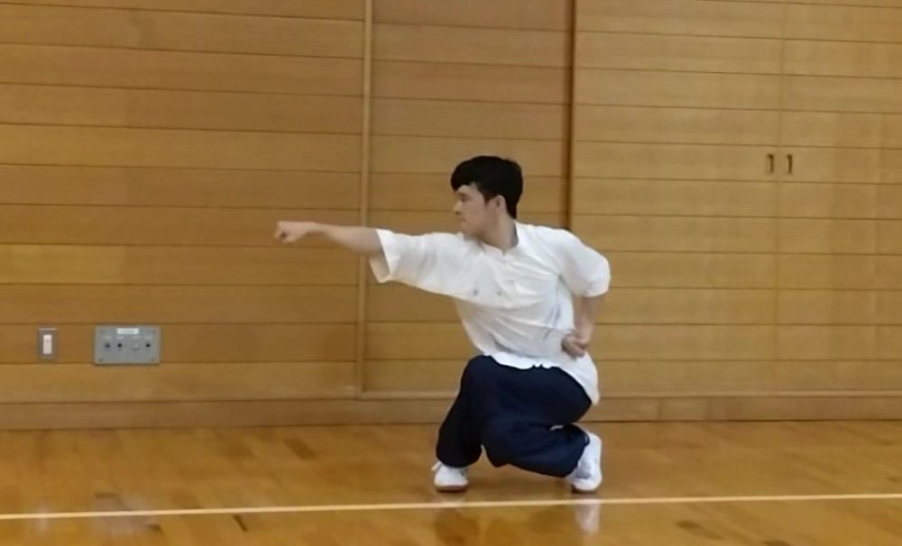 長拳指導員による入門長拳。低い姿勢で力強く打っている。