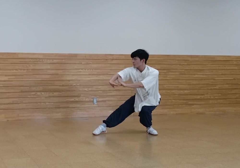 片足だけに重心を置き、低く守っている