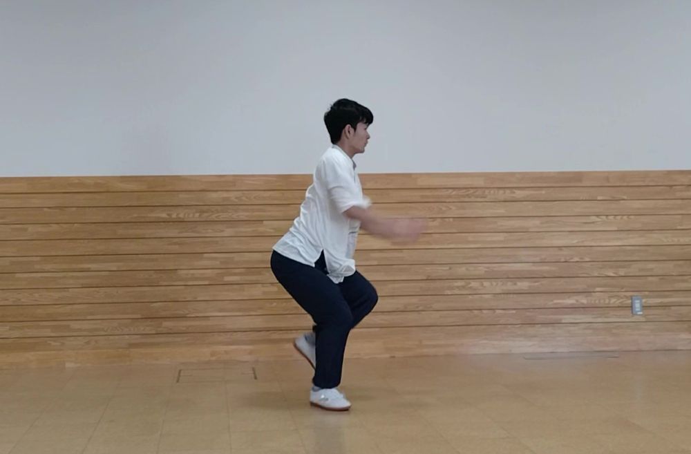 弓歩のまま、両手を下に下げた