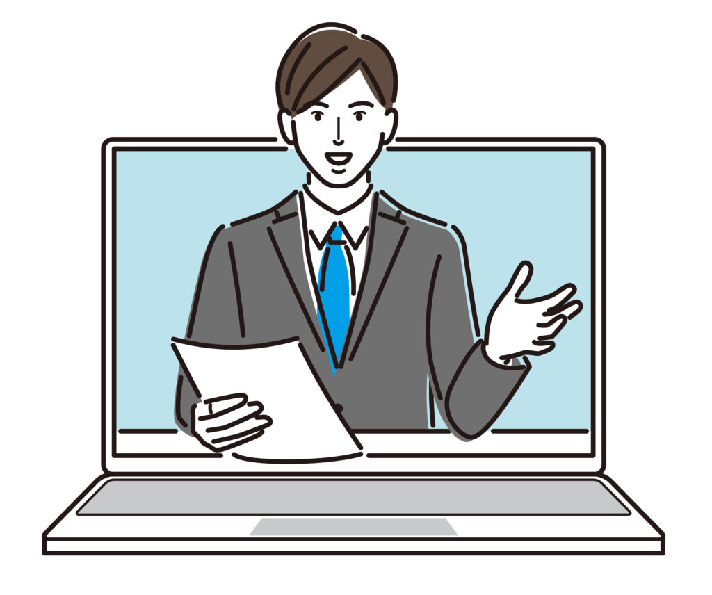 書類を持って説明するビジネスマンのイラスト