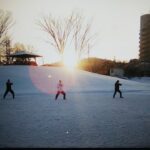 早朝、屋外で複数の人が太極拳をしている